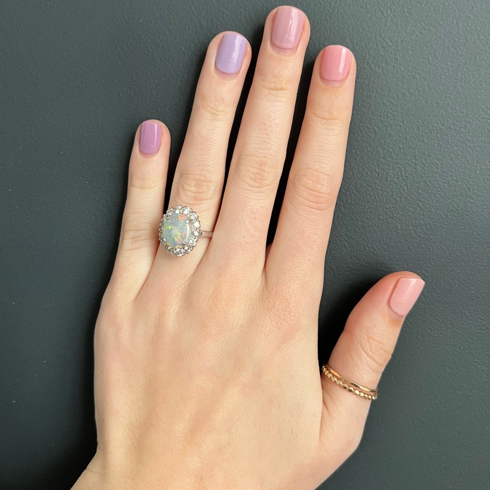 14k White Gold Genuine Cabochon Cut Black Opal Ring